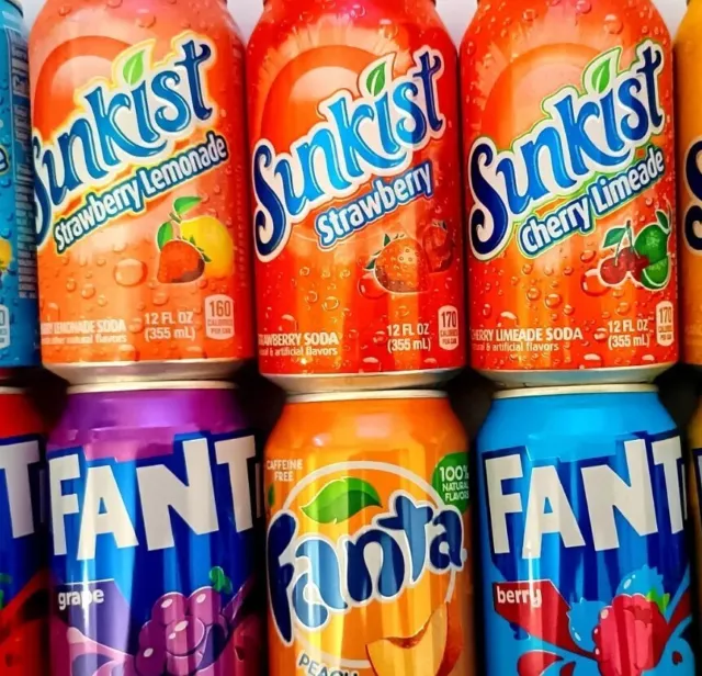 12 X Fanta und Sunkist Mix Dosen, USA Import, Erdbeere Mango Peach Grape Ananas