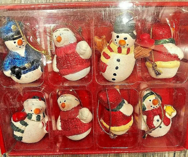 Vintage Mini Snowman Christmas Ornaments Earthenware 8 Piece Miniature Sparkly