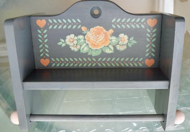 Wood Towel/Drying Rack with Shelf Wall-Mount Blue Floral Hand-Painted Stenciled