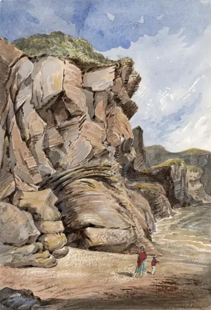 FIGURES ON ROCKY COASTLINE Victorian Watercolour Painting - 19TH CENTURY