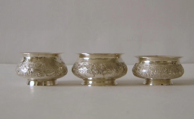 Three Intricately Embossed Antique Persian Solid Silver Small Salt Pots 69 Grams