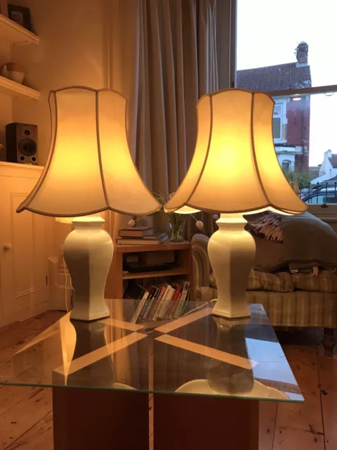 Matching pair of large pale blue ceramic table lamps with shades -good condition