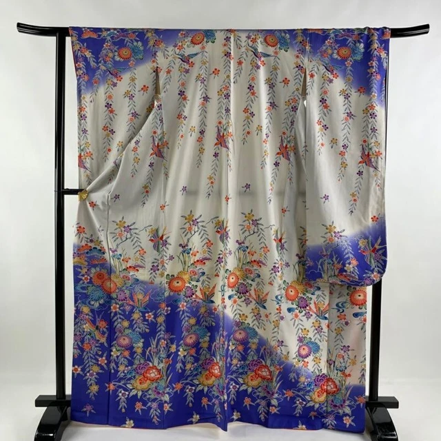 Japanese Kimono Furisode Pure Silk Flowers Bird Crepe Ash Colored