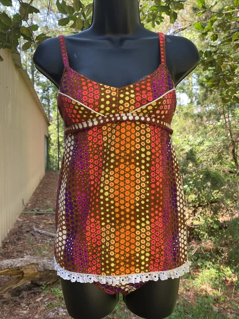 Vintage 1970s Barkcloth Hippie Psychedelic Swimsuit Bathing Suit