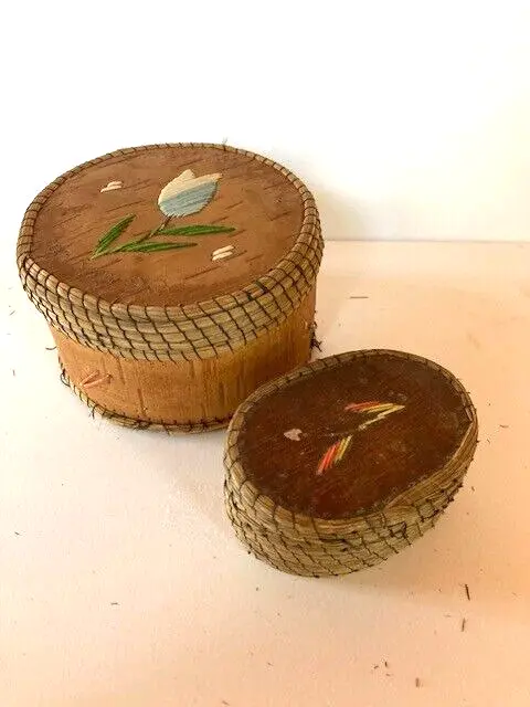 2 Antique Handmade Bark Baskets Boxes Porcupine Quill Work