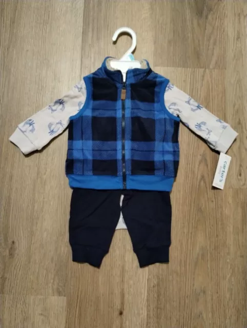 New Carters Baby Boys 3 Piece Set Blue Plaid Vest Fox Bodysuit Pants Size 6M