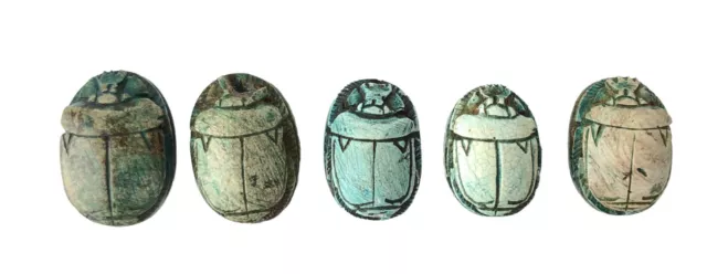 Lot of 5 Hand Carved Blue Glazed Scarab Beetle Bead with Hieroglyphs on Base