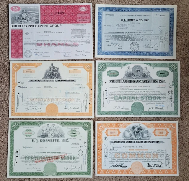 Vintage lot of 6 Cancelled Stock Certificates. Suitable for framing. Nice gift.