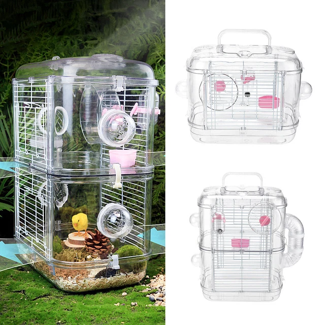 Dwarf Hamster Cage Habitat Transparent Gerbil Travel Carrier with Running Wheel