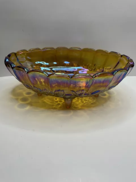 VTG Indiana Iridescent Carnival Glass Fruit Bowl Oval Harvest Grape Amber Footed