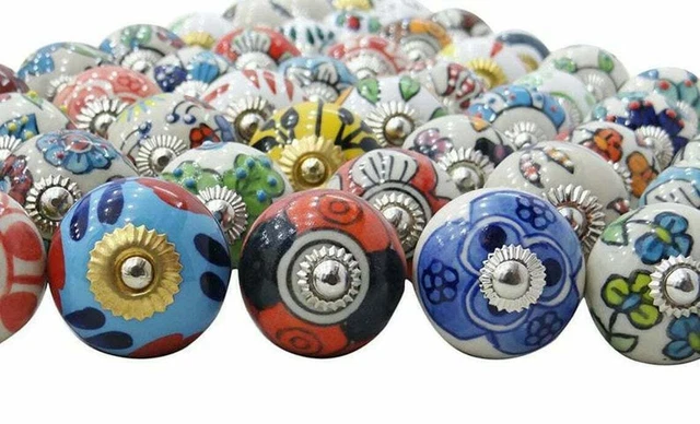 Hand Painted Lot of 10 colorful Ceramic Cabinet Knobs Pulls Drawer Door Handles