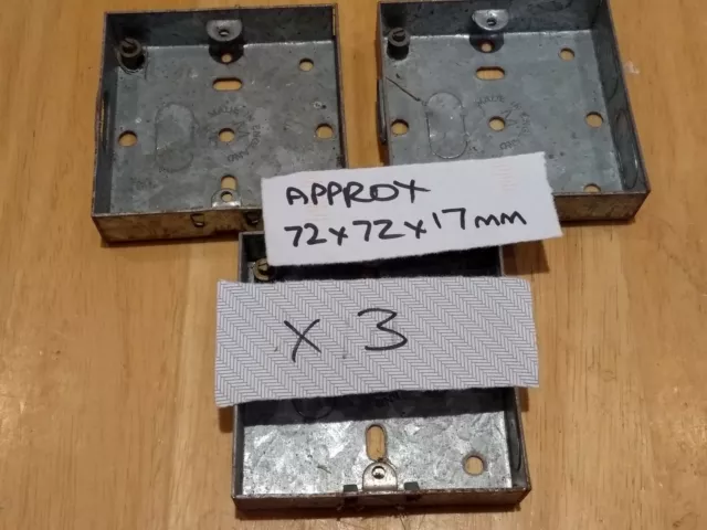 3 Metal Single Gang Back Boxes for wall sockets. Approx. 72 x 72 x 17 mm.