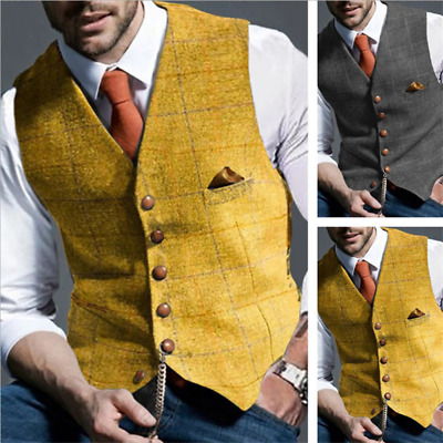 Yellow/Gray Mens Tweed Waistcoat Vintage Plaid Vest V-Neck Herringbone Casual