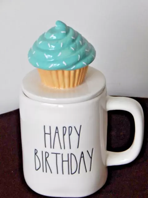 New Rae Dunn Happy Birthday Ceramic Mug with Cupcake Sprinkles Topper  VHTF