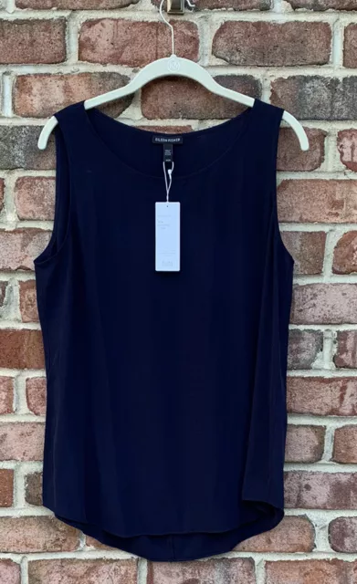 NWT Eileen Fisher Midnight Navy Silk Georgette Ballet Neck Silk Tunic $198 M