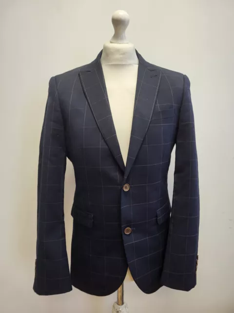 Ll393 Mens Next Blue Check Wool 2 Piece Suit Jacket & Trousers Uk W32 L31 C38