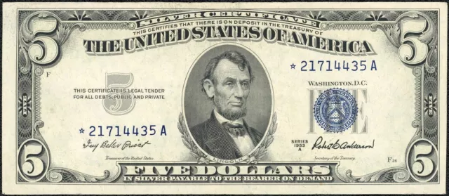 1953 A STAR $5 Five Dollar Silver Certificate Star Replacement Note Fr#1656*