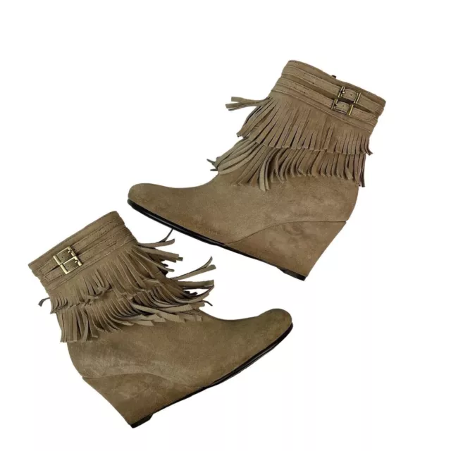 Aerosoles Plumming Bird Wedge Booties Size 6 Suede Fringe Ankle Zip Taupe