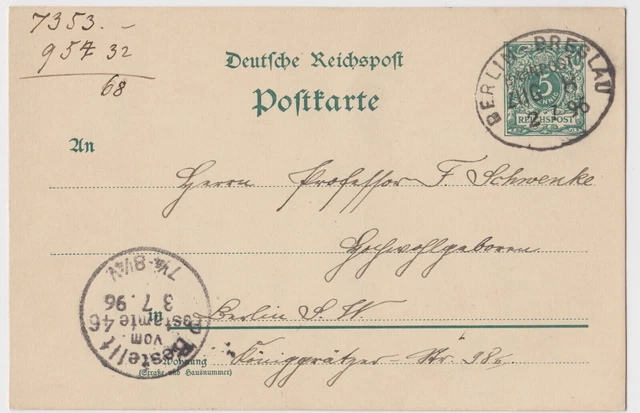 DR GA 5 Pf. 1896 Bahnpost Berlin - Breslau ab Fürstenwalde