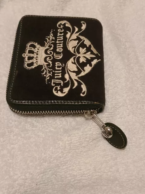 Juicy Couture Black Velour Leather Trim Wallet Crown Zip Pull Y2K