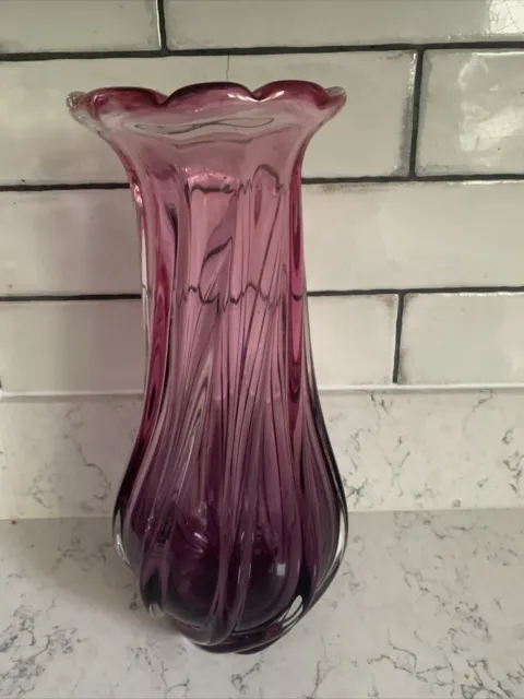 Chribska Josef Hospodka Bohemian Cranberry Pink Czech Art Glass Vase Vintage