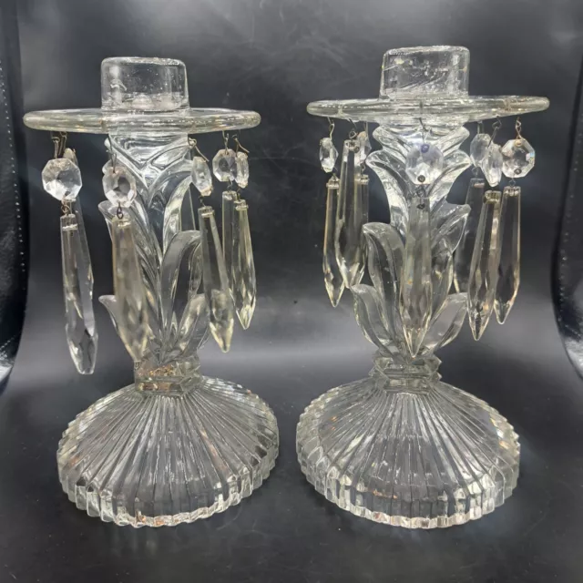 Vintage Pair Glass Pedestal Candle Holders with Prisms