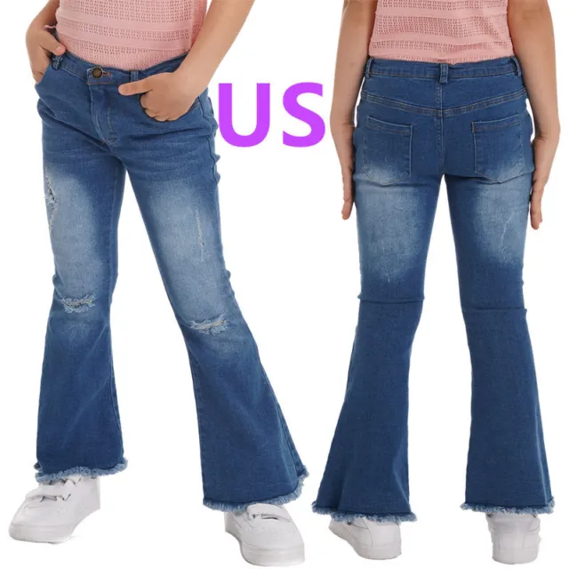 US Kid Girl Pants Stylish Clothing Zipper Closure Denim Long Trouser Bell-bottom