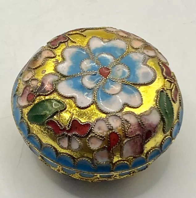 VTG Beautiful Chinese Cloisonné Enamel & Gold Metal Round Trinket Box 2" D