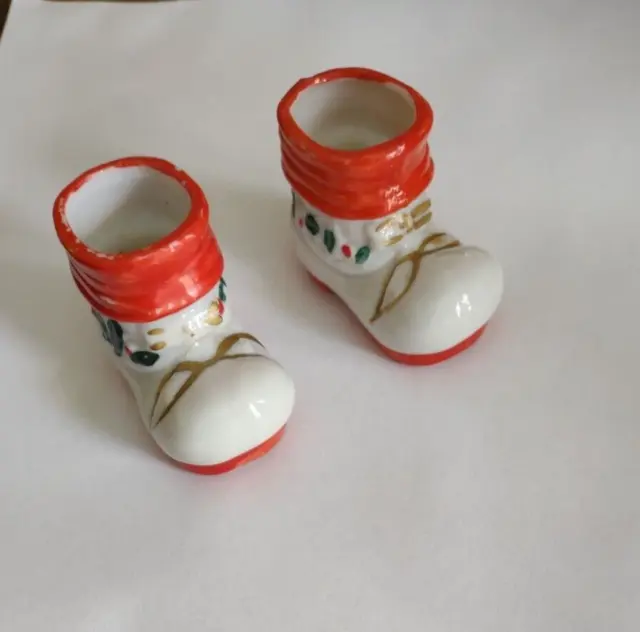 2 Vintage Japan Ceramic Christmas Santa Boots ? Toothpick Holders