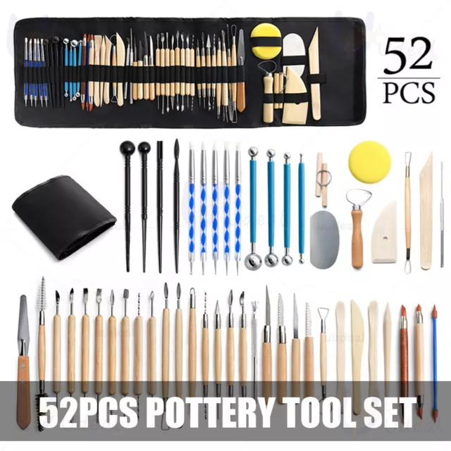 52Pcs Clay Sculpting Carving Pottery Tool Set Bag Kit Modelling DIY Sculpture AU