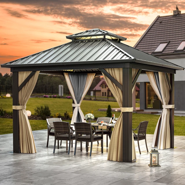 10X10FT OUTDOOR HARDTOP Gazebo Canopy with Aluminum Frame Curtains