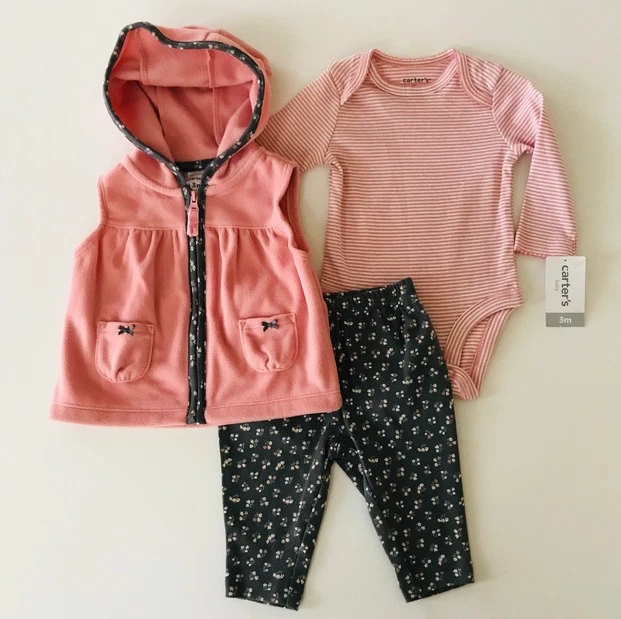 Carters 3 Months Baby Girl Pink Hooded Fleece Vest Bodysuit Pant Set Floral