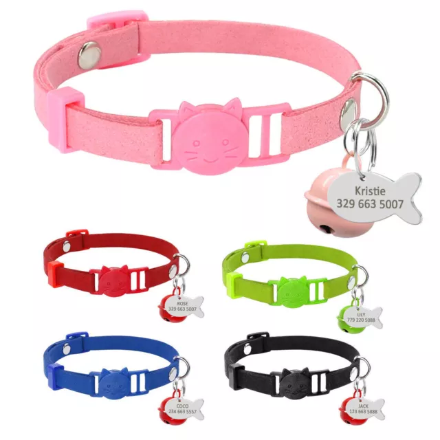 Personalized Suede Puppy Dog Kitten Cat Breakaway Collar&Tag Quick Release&Bell
