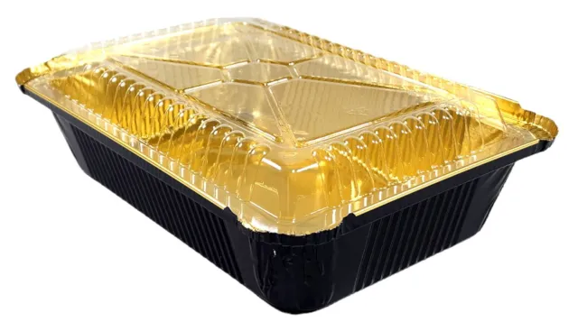 Pactogo 2 1/4 lb. Disposable Black & Gold Oblong Aluminum Foil Pans w/Dome Lids