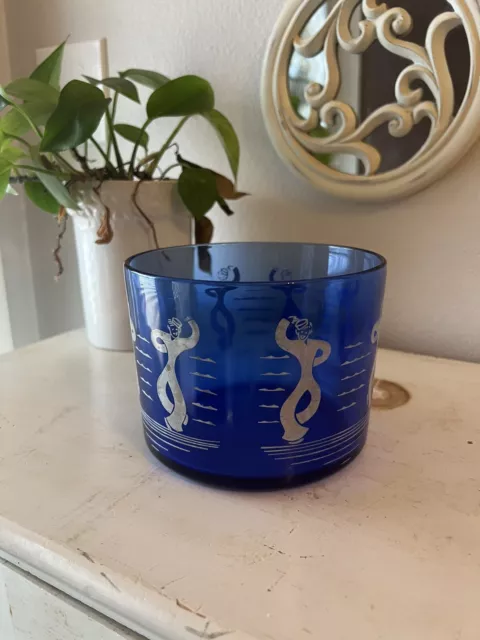 Vintage Hazel Atlas Cobalt Glass Dancing Sailors Ice Bucket Small Bowl Antique