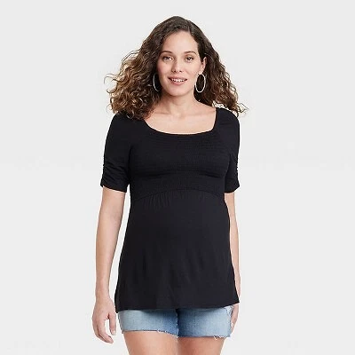 Elbow Sleeve Smocked Maternity Top - Isabel Maternity by Ingrid & Isabel Black