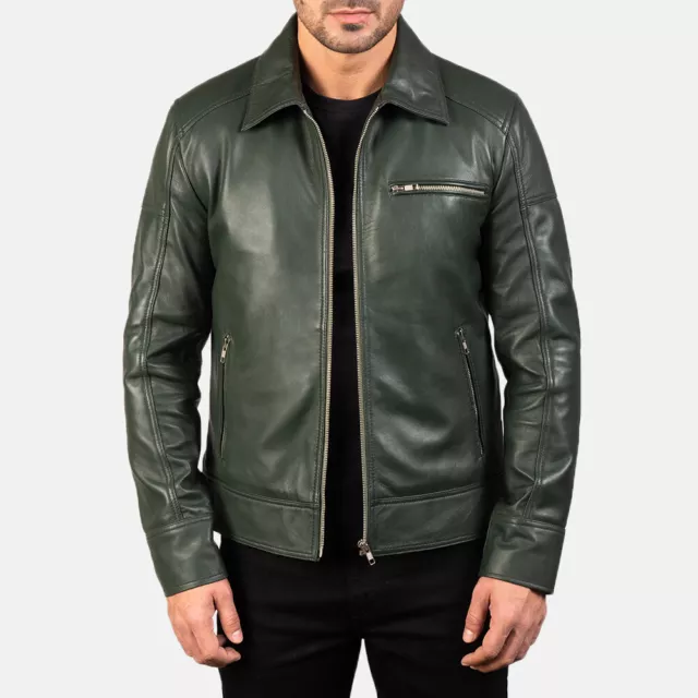 Jacket Leather Biker Motorcycle Mens Coat Vintage Bomber Lambskin Slim Green 106