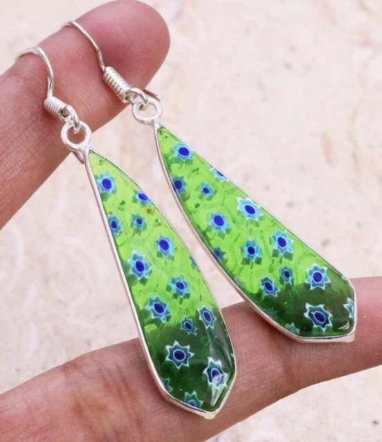 Dichroic Glass 925 Silver Plated Handmade Earrings of 2" Ethnic Gift