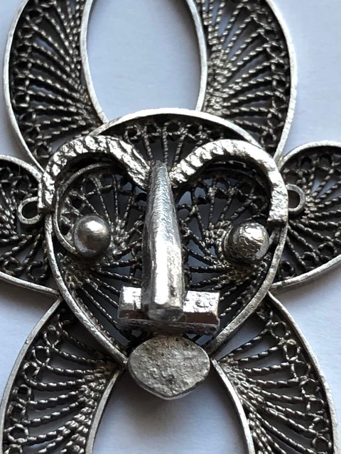 Pendentif Vintage Artisan Fleur Filigrané Argenté 50mm - Occasion - Bijou Ancien