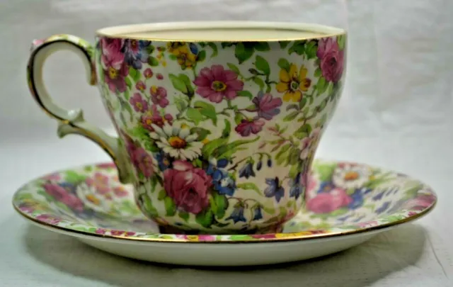 Chintz Summertime Royal Winton England Gold Trim Footed Cup and Saucer Vintage
