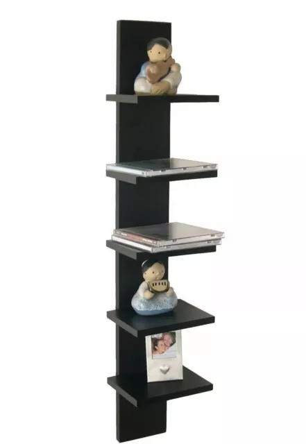 Walnut Brown Finish Wooden Column 5 Tier Wall Shelf Display Bookcase Storage