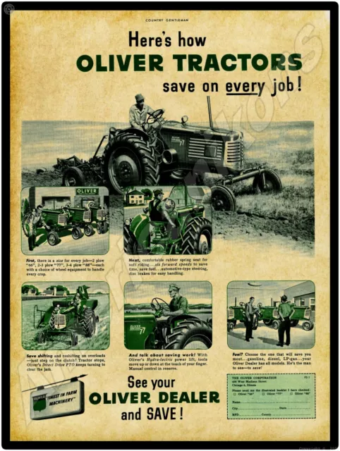 Oliver Tractors New Metal Sign: Row Crop Models 66 & 77 Pictured At Dealership