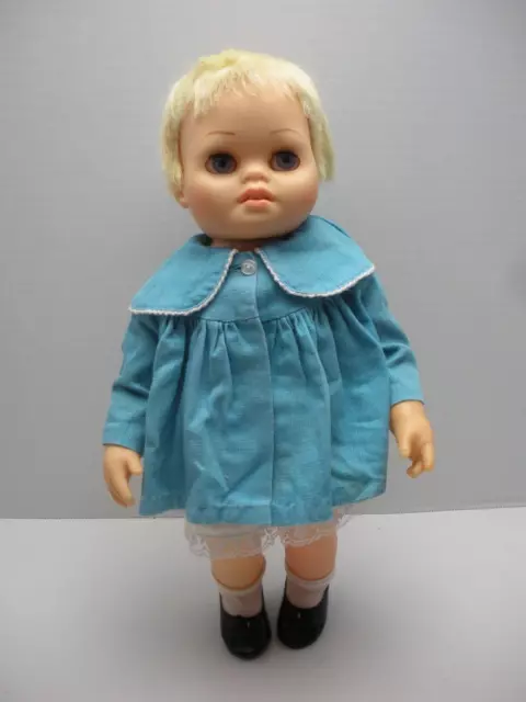 Vtg Mattel Chatty Baby Blonde Hair Pull String Mute Doll Blue Coat Sleepy Eyes