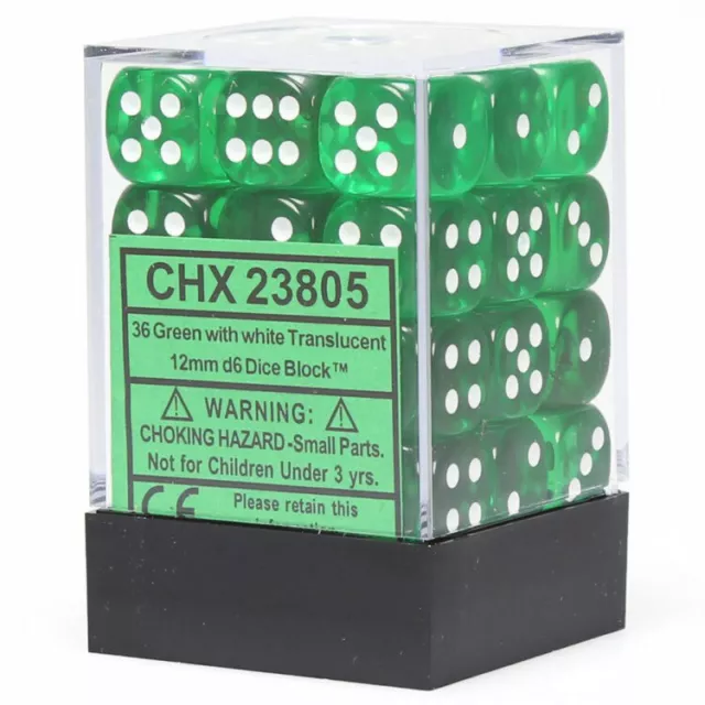 CHX23805 Chessex Manufacturing Translucent: 12mm D6 Green/White (36)