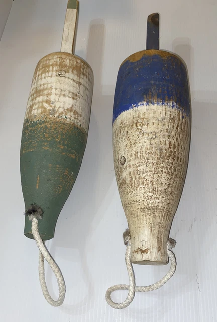 Vintage Set Of 2 Buoys Wooden Lobster Trap Floats Rope Strap Nautical Numbered