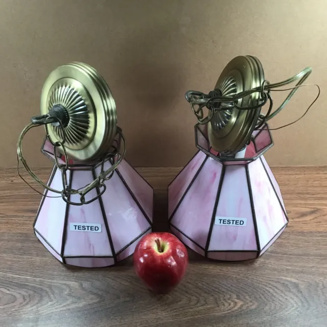 Vtg. PAIR Leaded Glass Stained Streaked Magenta Fuchsia Pink Hanging Light Lamps 3