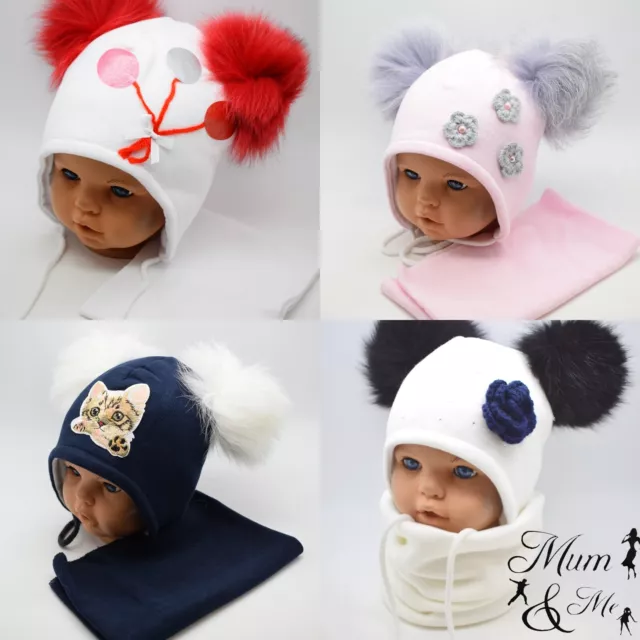 Cute Kids Toddler Girls Hat  with REAL FUR Winter  Cap with Scarf Tie up Warm