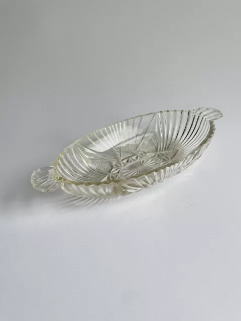 Vintage Heavy Cut Glass Crystal 8 1/2” Oblong Serving Dish Bowl Sawtooth Edge