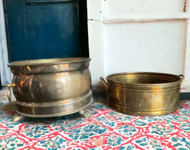 Vtg Brass Planter Cache Flower Pot Bowl Handled Set Round Footed Cauldron Gold