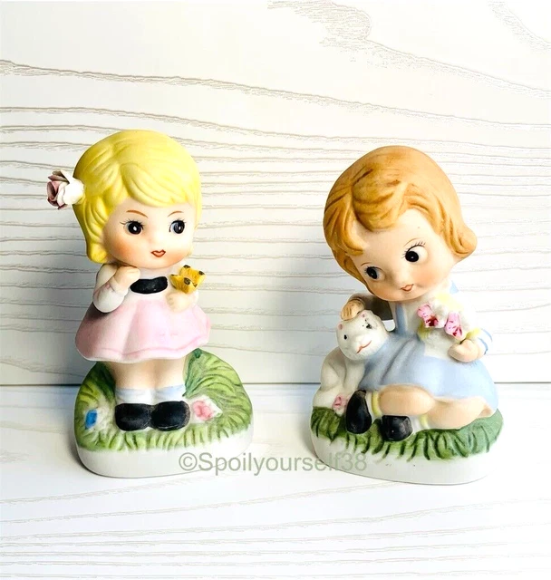 Vintage Cute Little Girls W/Cat, Butterfly & Flowers Ceramic Figurines Lot of 2